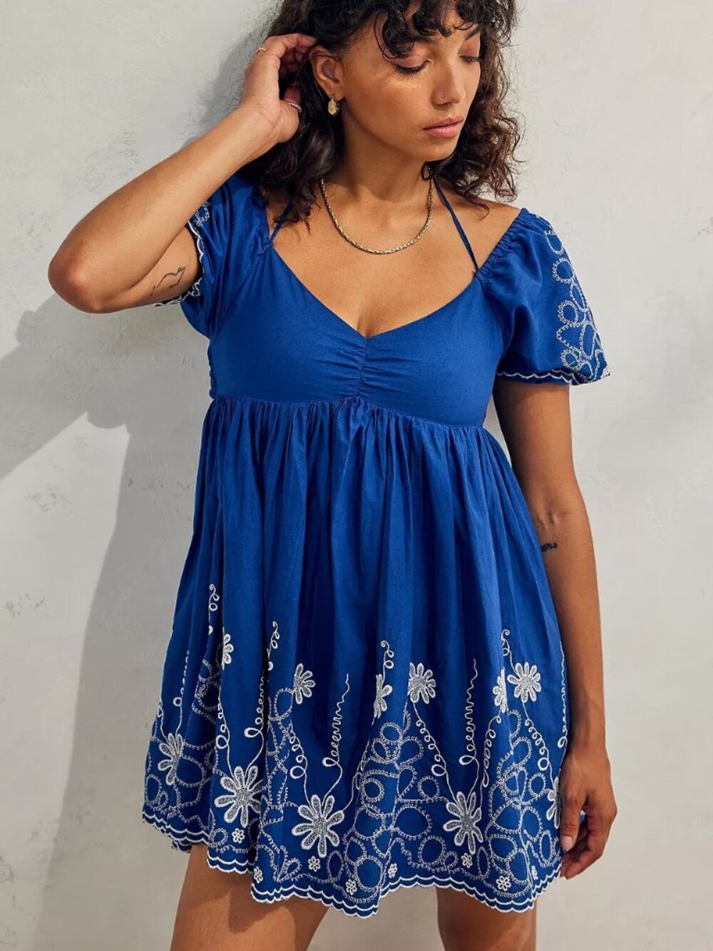 Urban Outfitters 100% Cotton Deep V-Neck Embroidered Puff Sleeve Babydoll Dress - Picture 8 of 8
